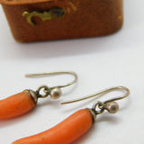 Pair of Victorian Sterling Silver & Red Coral Torpedo Earrings c1860 Antique