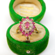 9ct Yellow Gold, Ruby & Diamond Floral Cluster Ring Vintage 1989 London