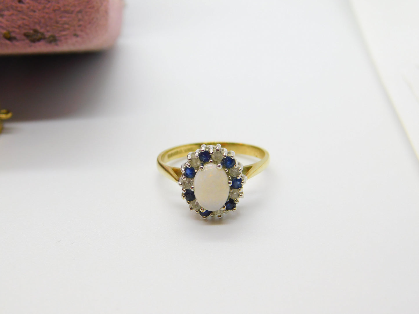 9ct Yellow Gold, Sapphire, Fire Opal & Diamond Paste Floral Ring Vintage 1986