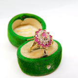 9ct Yellow Gold, Ruby & Diamond Floral Cluster Ring Vintage 1989 London