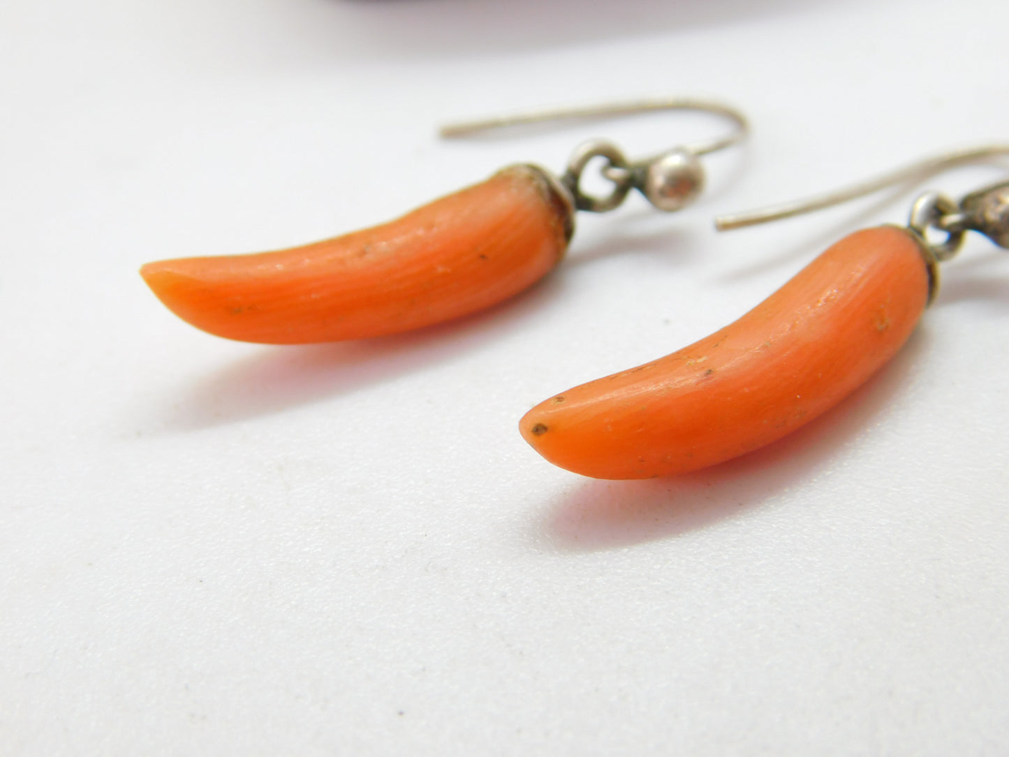 Pair of Victorian Sterling Silver & Red Coral Torpedo Earrings c1860 Antique