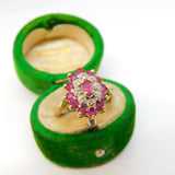 9ct Yellow Gold, Ruby & Diamond Floral Cluster Ring Vintage 1989 London