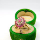 9ct Yellow Gold, Ruby & Diamond Floral Cluster Ring Vintage 1989 London