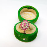 9ct Yellow Gold, Ruby & Diamond Floral Cluster Ring Vintage 1989 London