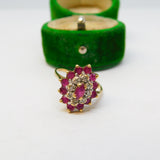 9ct Yellow Gold, Ruby & Diamond Floral Cluster Ring Vintage 1989 London