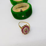 9ct Yellow Gold, Ruby & Diamond Floral Cluster Ring Vintage 1989 London