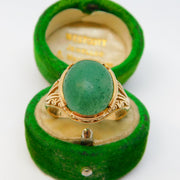 9ct Yellow Gold & Cabochon Cut Green Jade Signet Ring Antique c1930 Art Deco