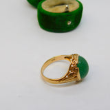 9ct Yellow Gold & Cabochon Cut Green Jade Signet Ring Antique c1930 Art Deco