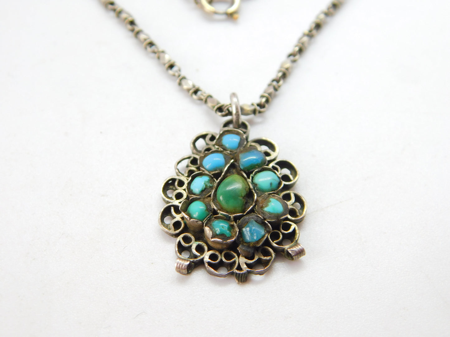 Victorian Sterling Silver Natural Turquoise Set Floral Drop Necklace c1880