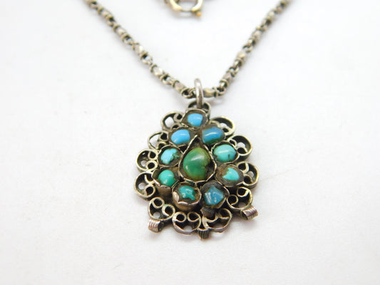 Victorian Sterling Silver Natural Turquoise Set Floral Drop Necklace c1880