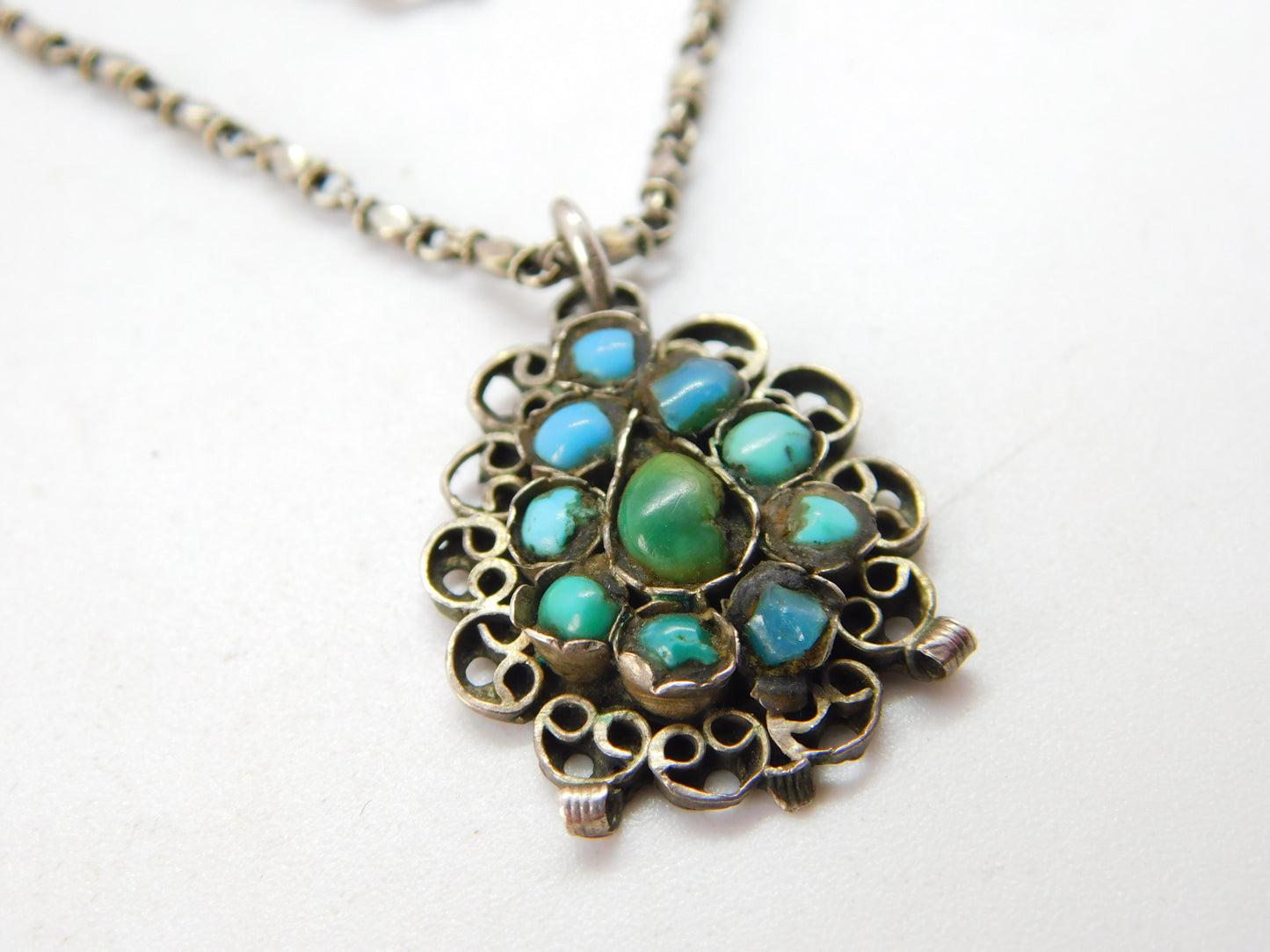 Victorian Sterling Silver Natural Turquoise Set Floral Drop Necklace c1880