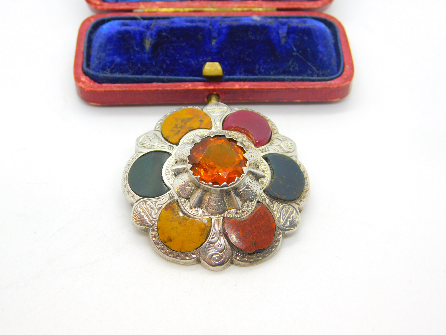 Victorian Sterling Silver, Bloodstone, Agate & Citrine Kilt Brooch Antique c1860