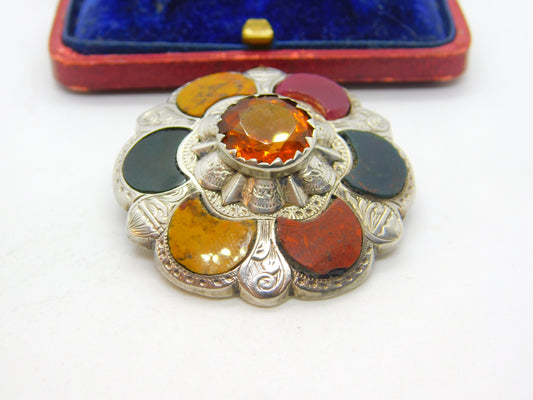 Victorian Sterling Silver, Bloodstone, Agate & Citrine Kilt Brooch Antique c1860