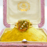 Victorian 12ct Yellow Gold & Seed Pearl Set Shield Ring Antique c1880