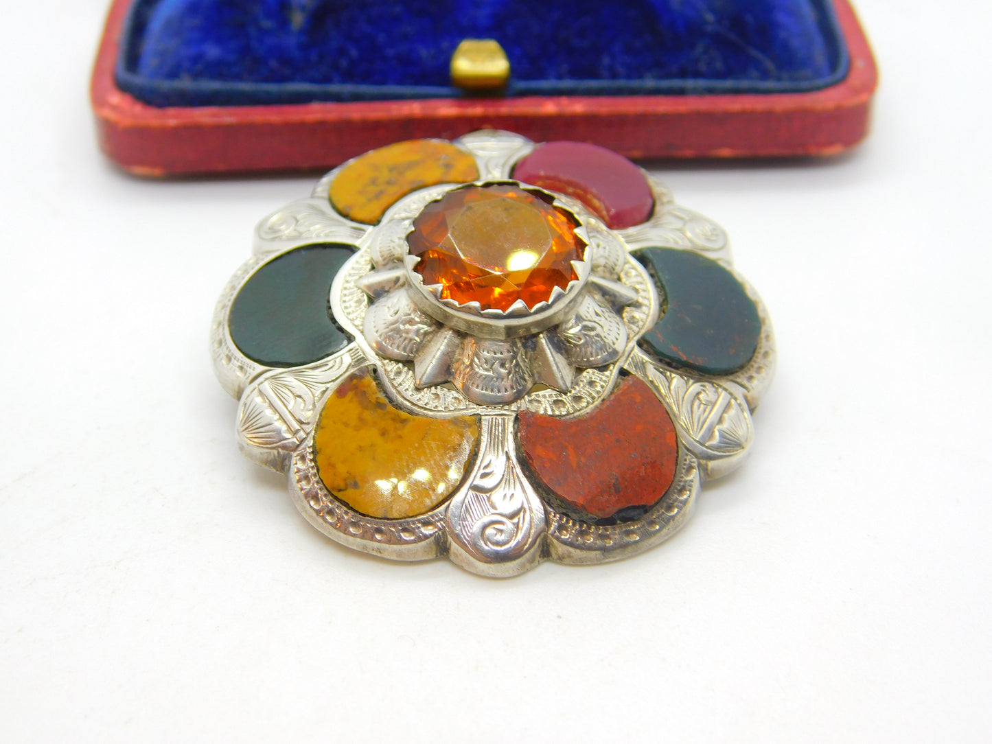 Victorian Sterling Silver, Bloodstone, Agate & Citrine Kilt Brooch Antique c1860