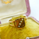 Victorian 12ct Yellow Gold & Seed Pearl Set Shield Ring Antique c1880