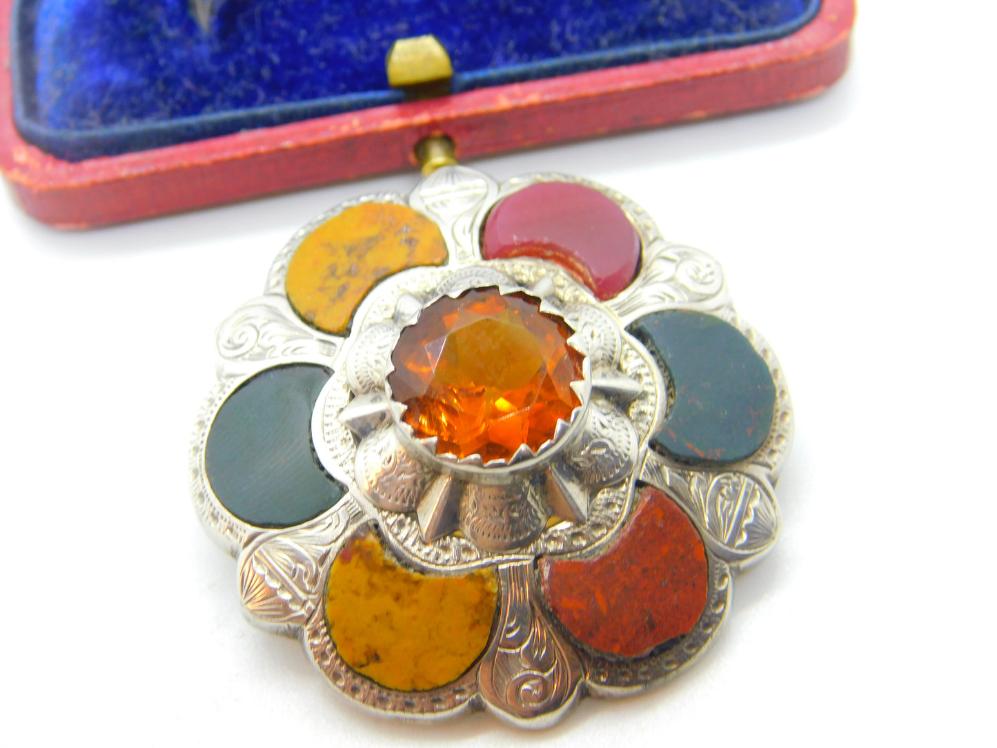 Victorian Sterling Silver, Bloodstone, Agate & Citrine Kilt Brooch Antique c1860