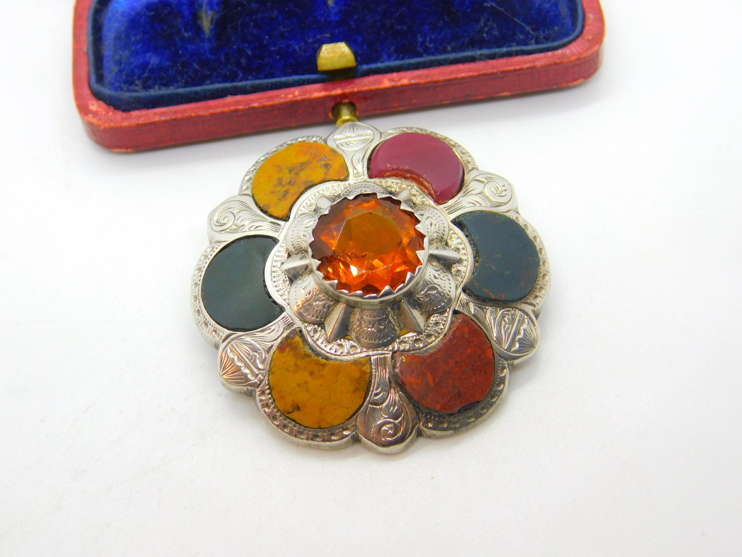 Victorian Sterling Silver, Bloodstone, Agate & Citrine Kilt Brooch Antique c1860