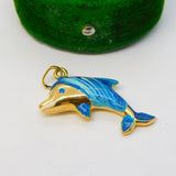 9ct Yellow Gold & Blue Enamel Leaping Dolphin Charm Pendant Vintage c1990