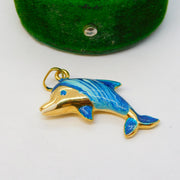 9ct Yellow Gold & Blue Enamel Leaping Dolphin Charm Pendant Vintage c1990
