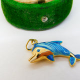 9ct Yellow Gold & Blue Enamel Leaping Dolphin Charm Pendant Vintage c1990