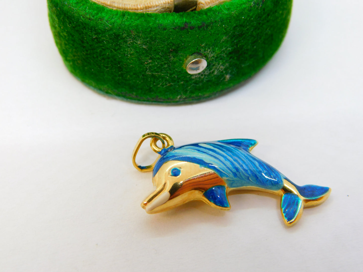 9ct Yellow Gold & Blue Enamel Leaping Dolphin Charm Pendant Vintage c1990