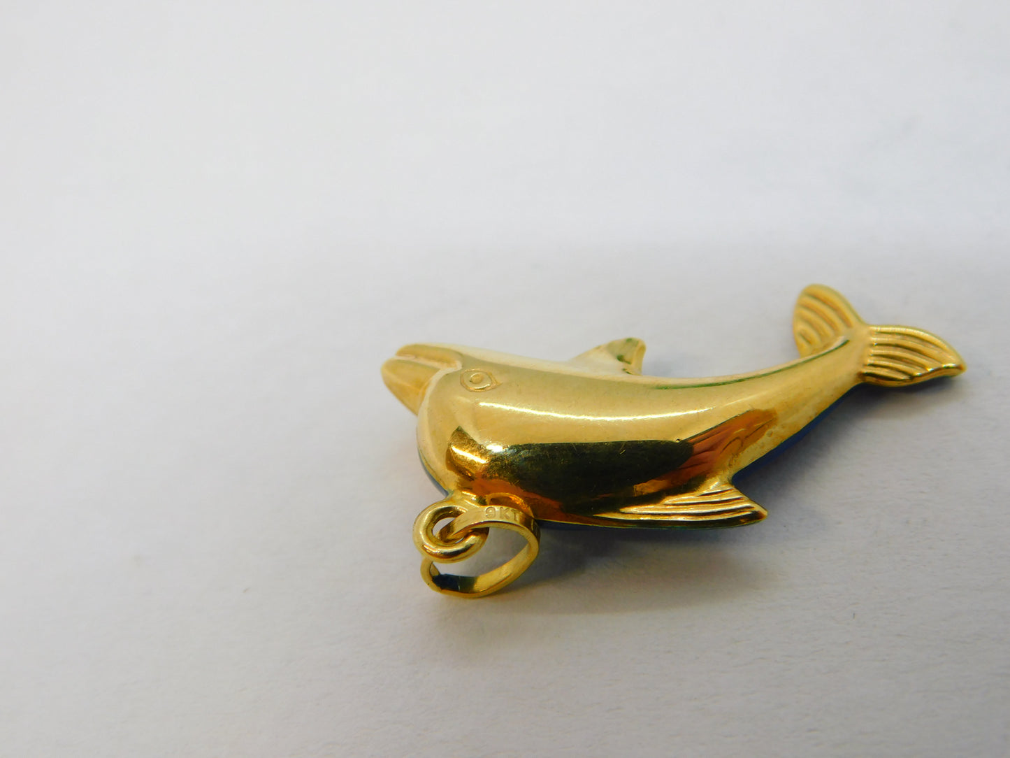 9ct Yellow Gold & Blue Enamel Leaping Dolphin Charm Pendant Vintage c1990
