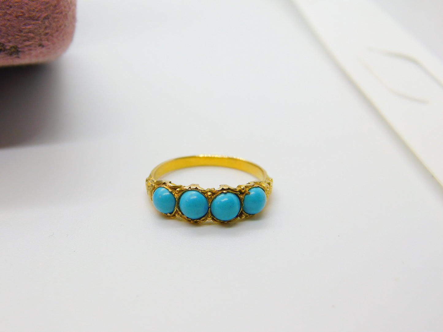 Victorian 15ct Yellow Gold & Turquoise Set Dress Ring Antique c1880 Floral Edged