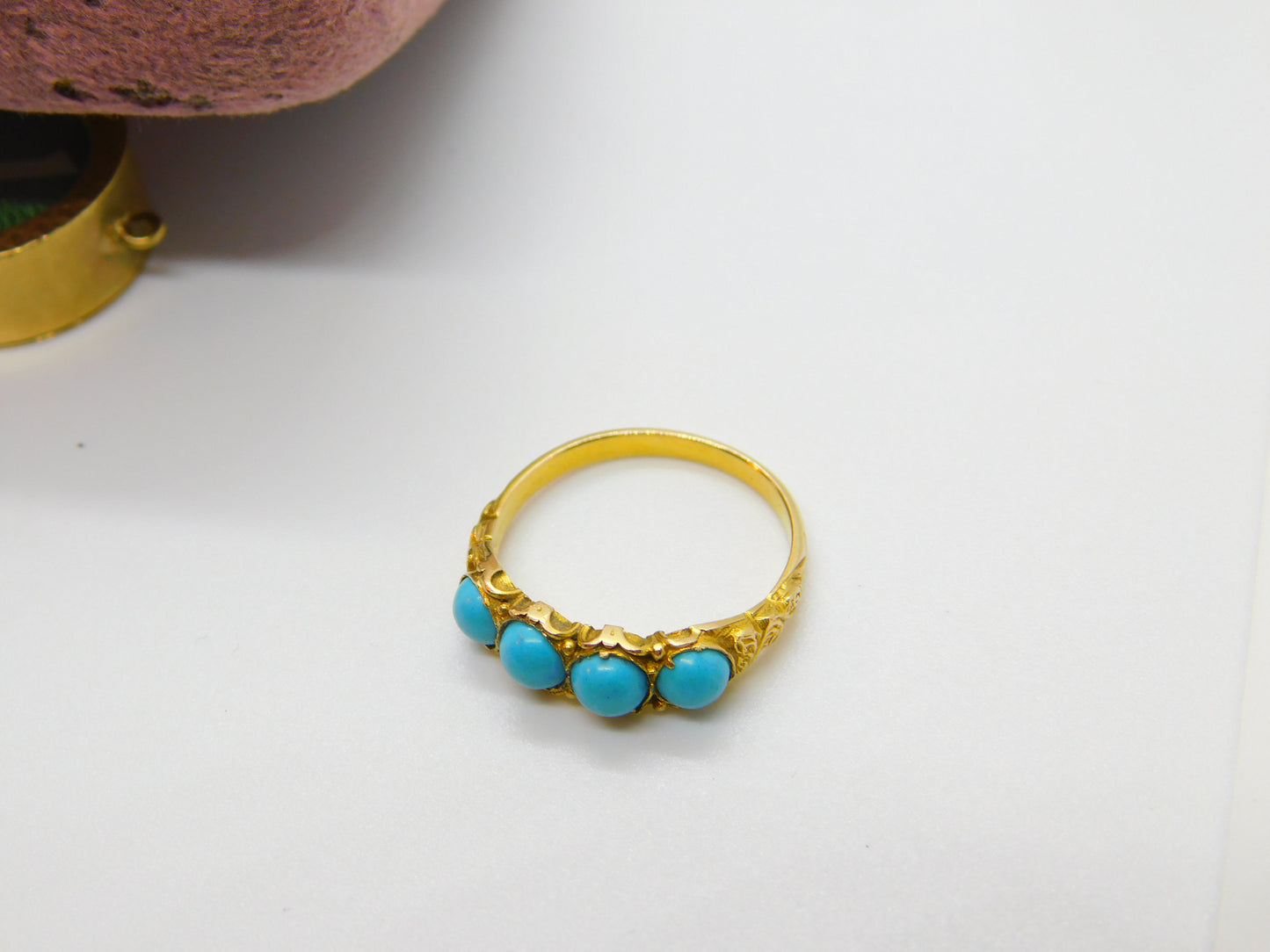 Victorian 15ct Yellow Gold & Turquoise Set Dress Ring Antique c1880 Floral Edged