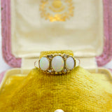 9ct Gold, Cabochon Fire Opal & Diamond Boat Ring Vintage 1987 Sheffield