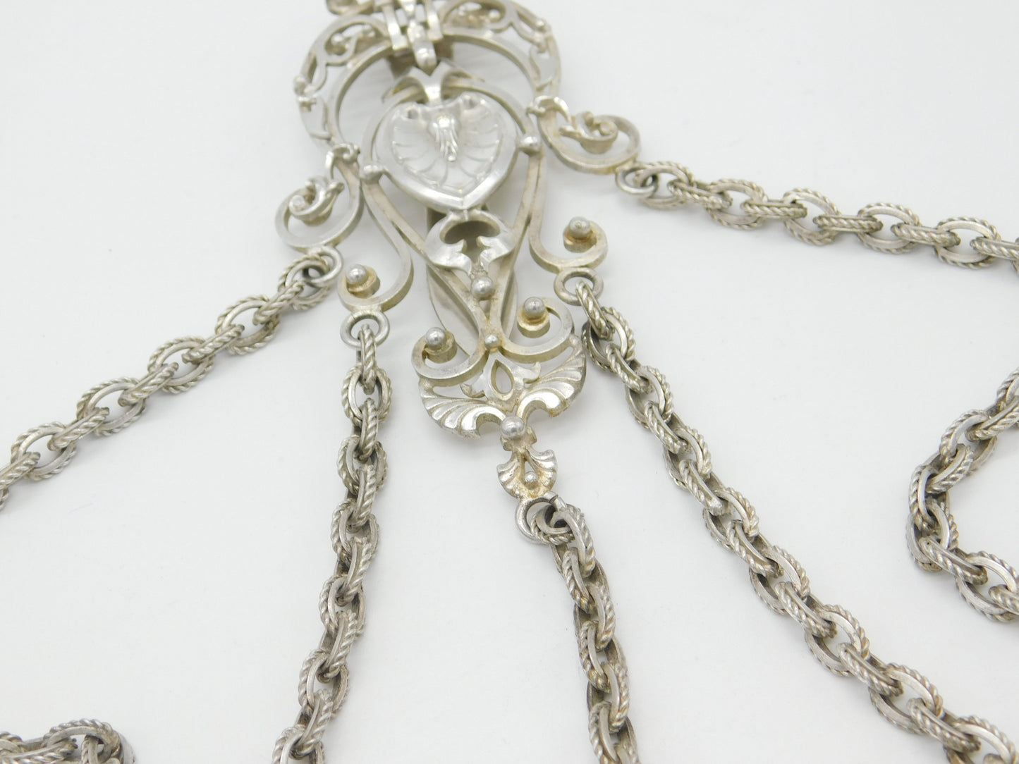 Large Art Nouveau Silver Plated Leaf Form Sewing Chatelaine Antique c1880 Victorian