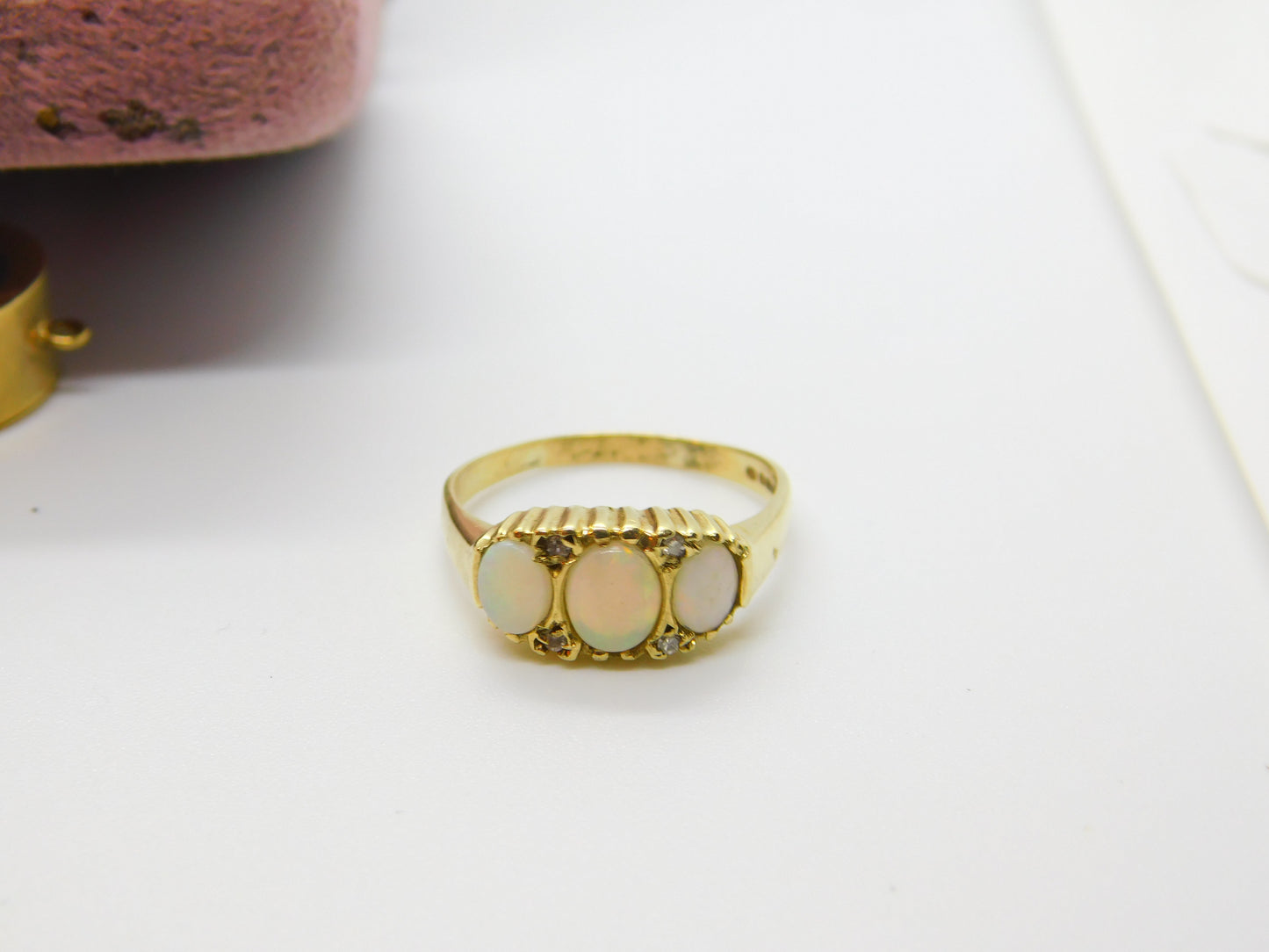 9ct Gold, Cabochon Fire Opal & Diamond Boat Ring Vintage 1987 Sheffield