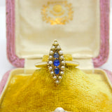 Austro-Hungarian 14ct Gold, Seed Pearl & Sapphire Marquise Form Ring Antique