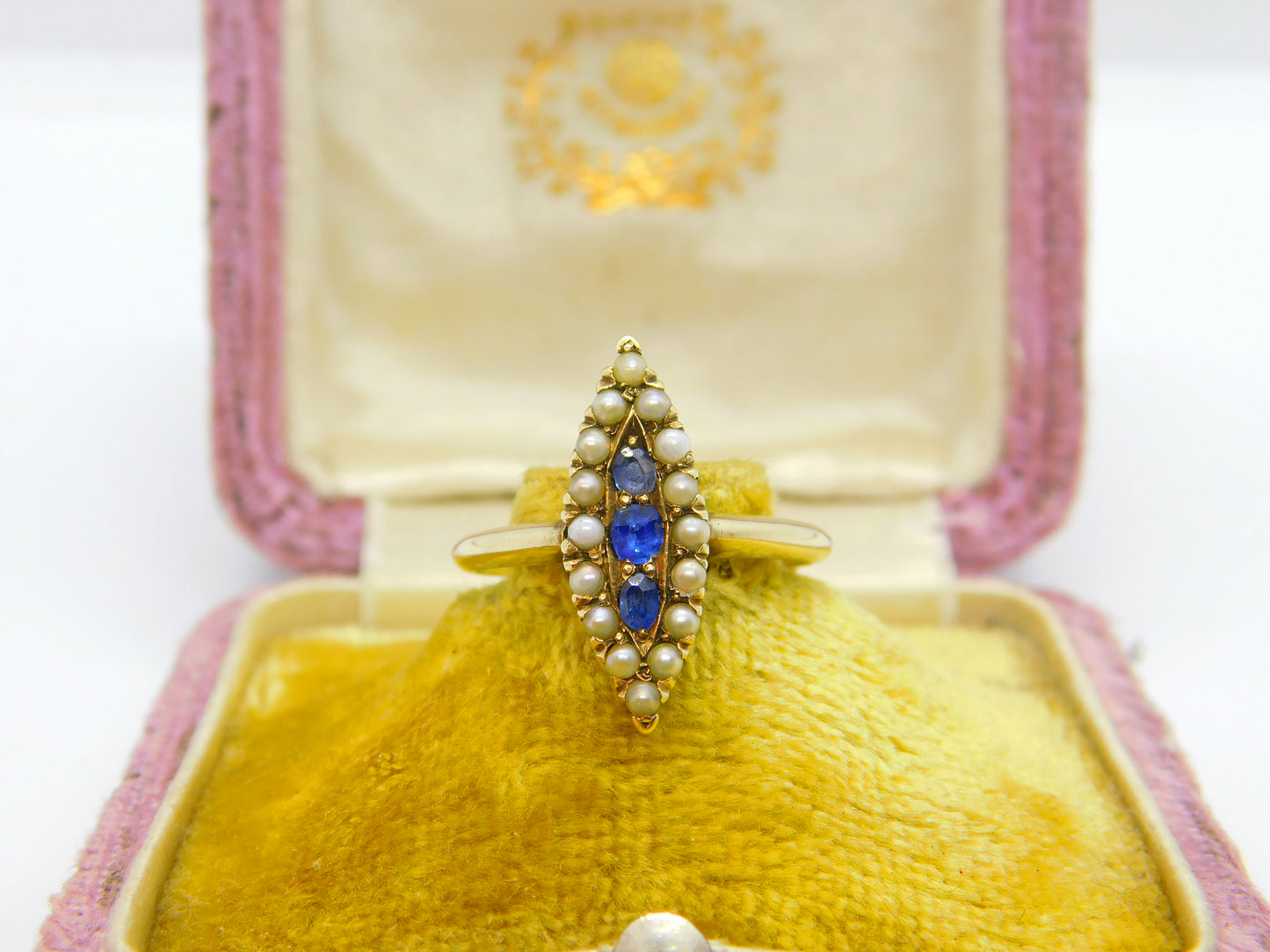 Austro-Hungarian 14ct Gold, Seed Pearl & Sapphire Marquise Form Ring Antique