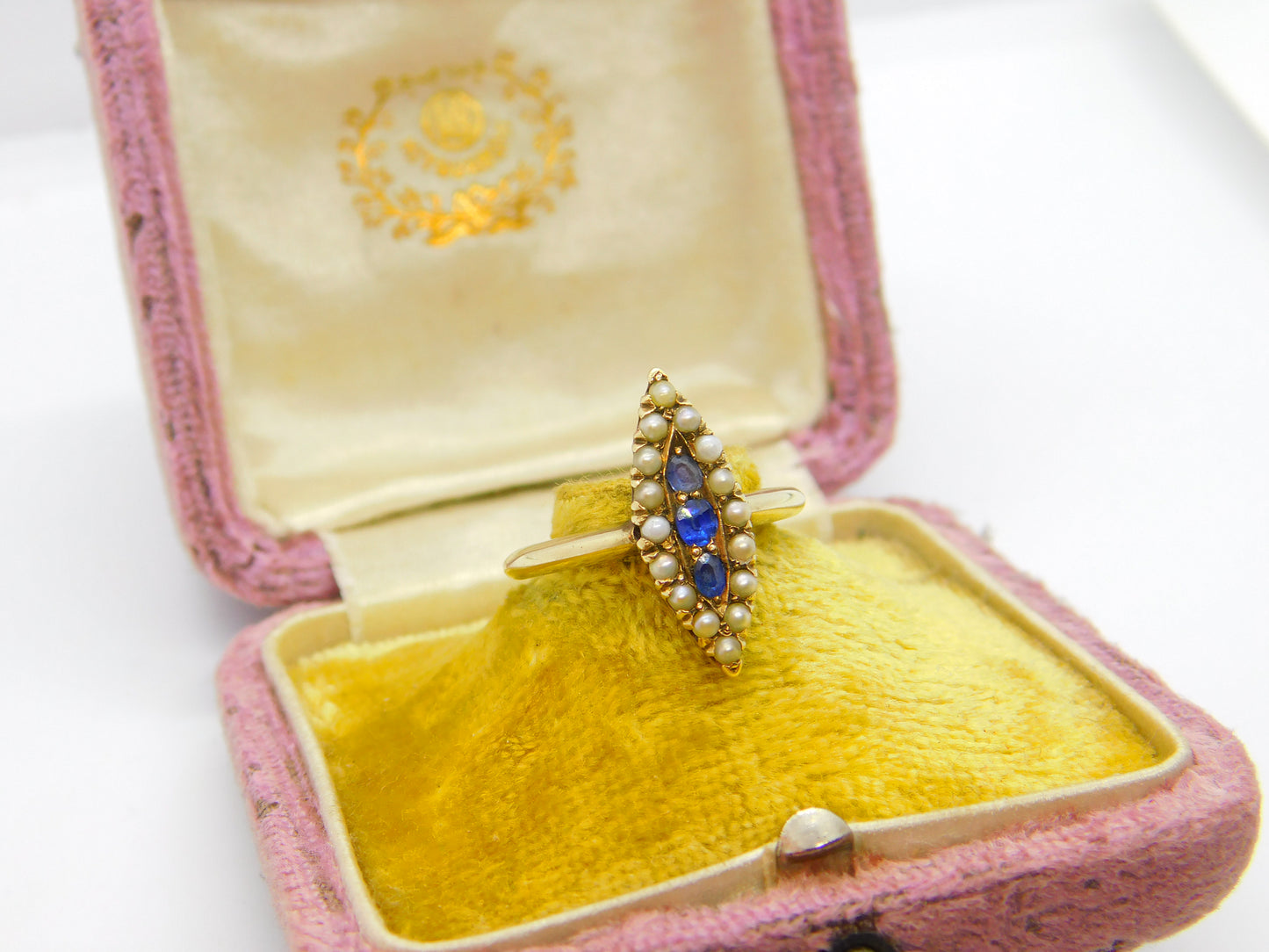 Austro-Hungarian 14ct Gold, Seed Pearl & Sapphire Marquise Form Ring Antique