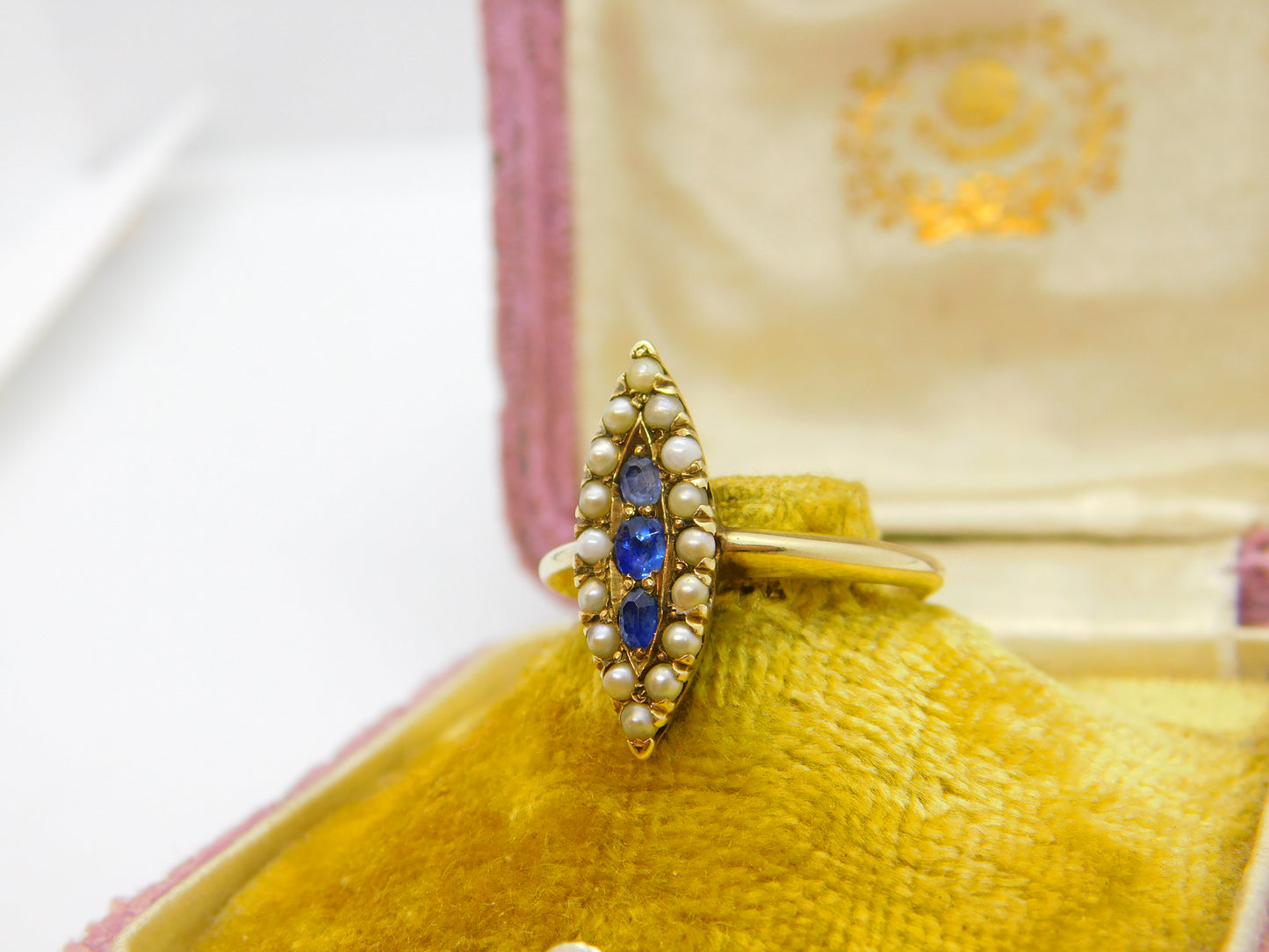 Austro-Hungarian 14ct Gold, Seed Pearl & Sapphire Marquise Form Ring Antique