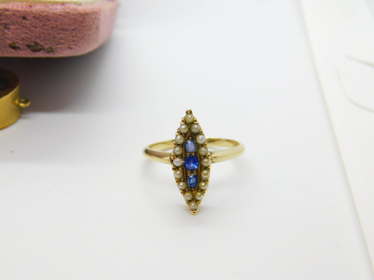 Austro-Hungarian 14ct Gold, Seed Pearl & Sapphire Marquise Form Ring Antique