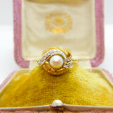 French 18ct Yellow Gold, Pearl & Diamond Paste Art Nouveau Ring Antique c1920