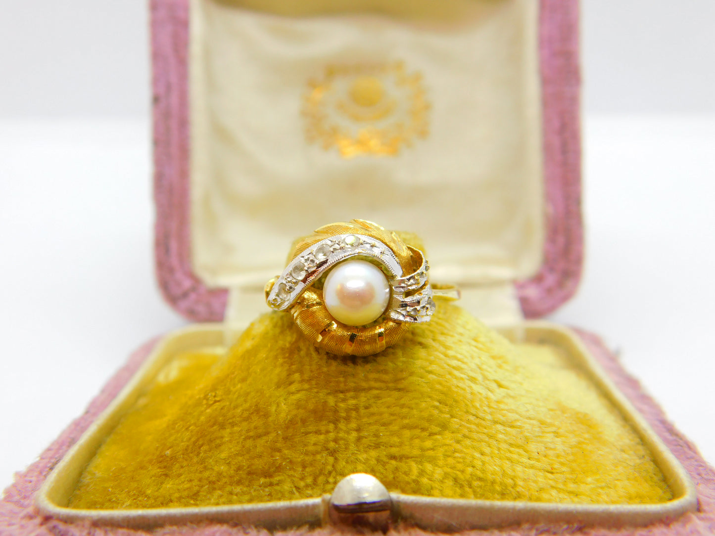 French 18ct Yellow Gold, Pearl & Diamond Paste Art Nouveau Ring Antique c1920