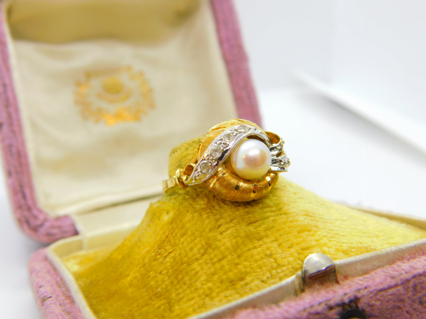 French 18ct Yellow Gold, Pearl & Diamond Paste Art Nouveau Ring Antique c1920