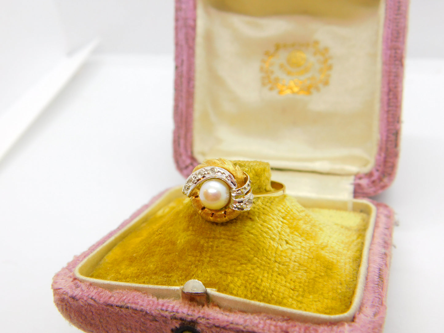 French 18ct Yellow Gold, Pearl & Diamond Paste Art Nouveau Ring Antique c1920