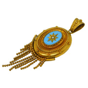 19th Century Pinchbeck Blue Enamel Etruscan Tassel Pendant Antique c1850s