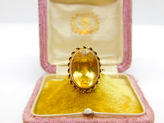 9ct Yellow Gold & Large Faceted Citrine Set Cocktail Ring Vintage 1974