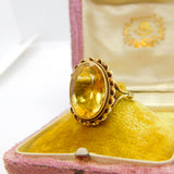 9ct Yellow Gold & Large Faceted Citrine Set Cocktail Ring Vintage 1974