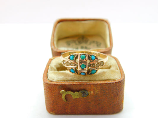 Victorian 9ct Yellow Gold, Turquoise & Seed Pearl Dress Ring 1877 Birmingham