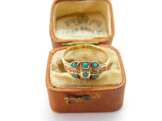 Victorian 9ct Yellow Gold, Turquoise & Seed Pearl Dress Ring 1877 Birmingham