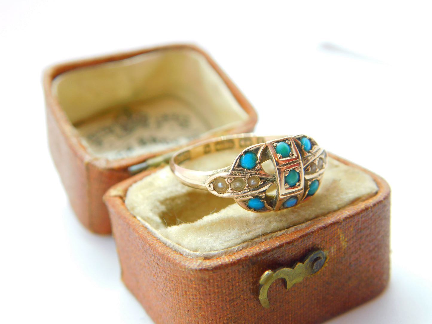 Victorian 9ct Yellow Gold, Turquoise & Seed Pearl Dress Ring 1877 Birmingham