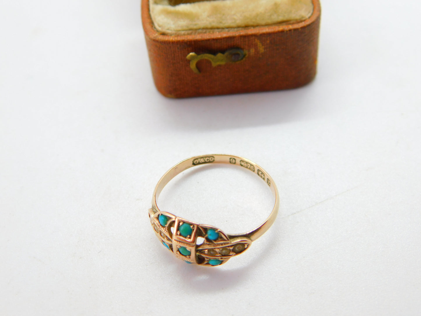 Victorian 9ct Yellow Gold, Turquoise & Seed Pearl Dress Ring 1877 Birmingham