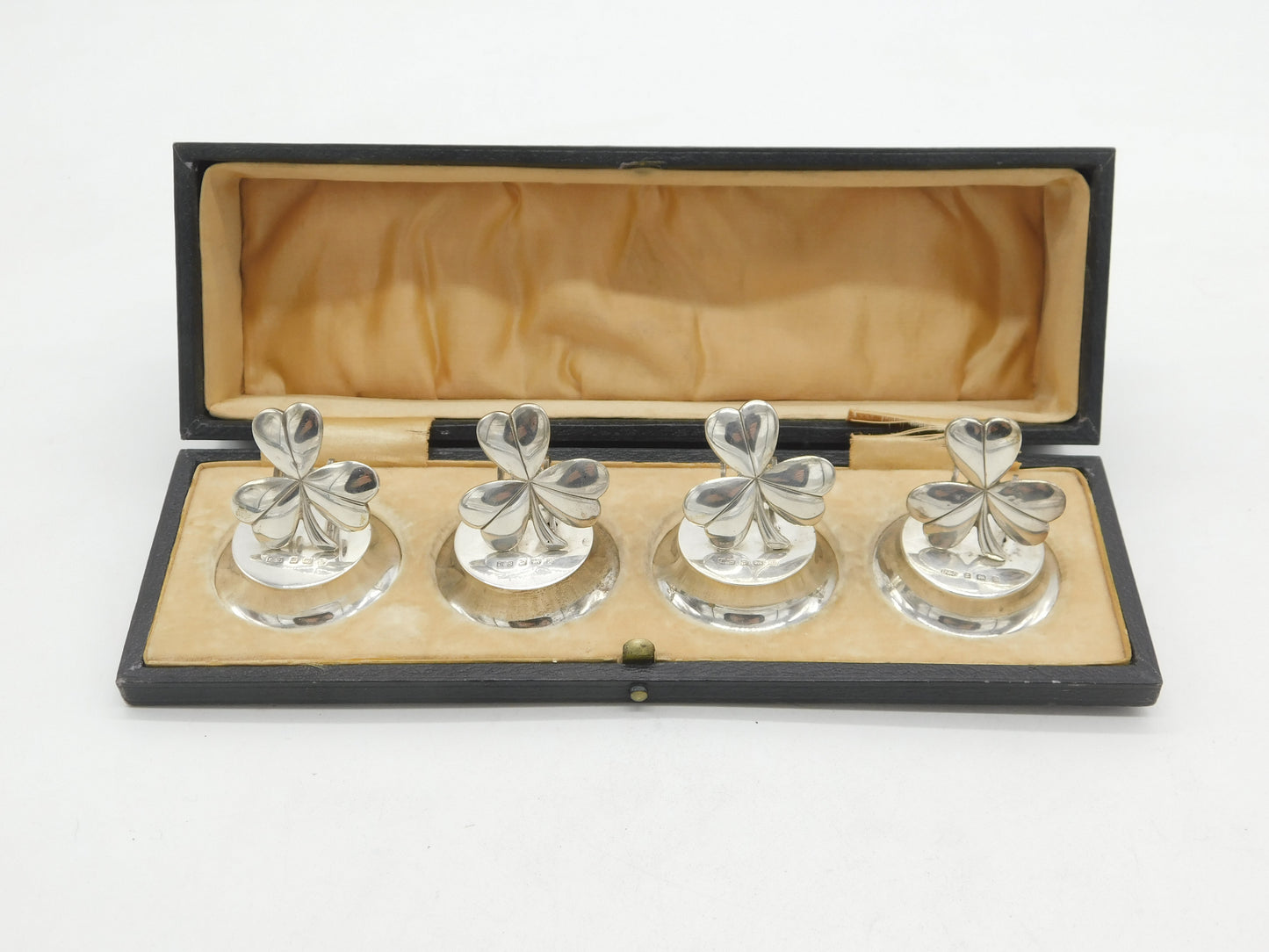 Edwardian Boxed Sterling Silver Lucky Shamrock Place Setting Set Antique 1910