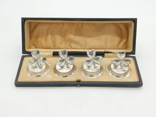 Edwardian Boxed Sterling Silver Lucky Shamrock Place Setting Set Antique 1910